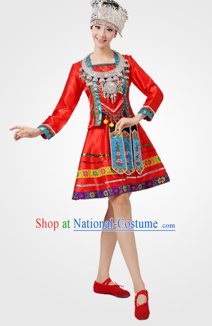 Traditional Chinese Ethnic Costume Chinese Miao Minority Nationality Dance Red Dress for Women