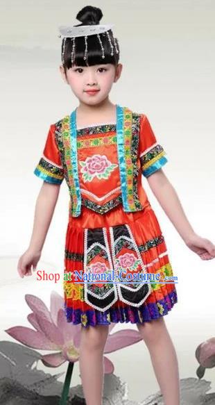 Traditional Chinese Ethnic Costume Red Dress Chinese Miao Minority Nationality Dance Clothing for Kids