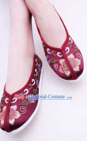 Chinese Traditional Handmade Embroidery Shoes Purplish Red Embroidered Shoes for Women