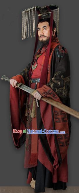 Chinese Ancient First Emperor Qin Dynasty Monarch Replica Costume and Headpiece Complete Set for Men