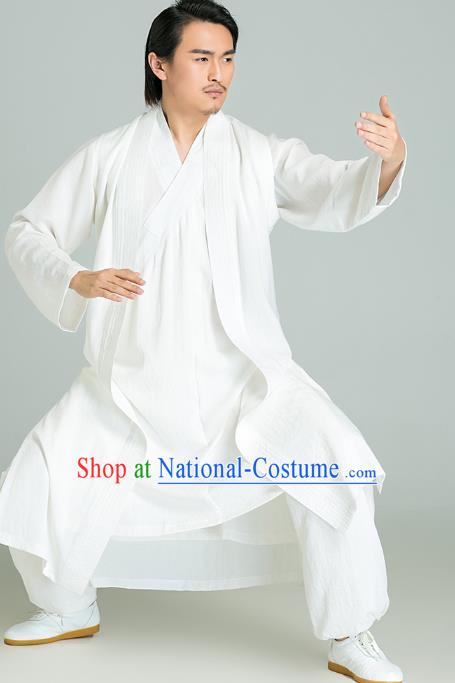 Top Grade Kung Fu Costume Martial Arts Training White Long Gown Gongfu Wushu Tang Suit Clothing for Men