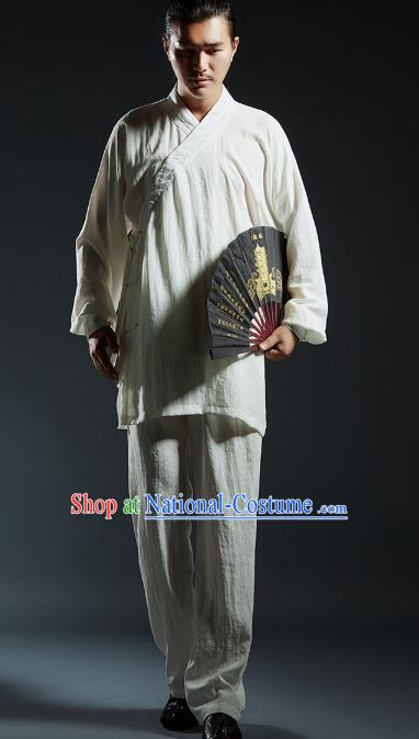 Top Grade White Linen Kung Fu Costume Martial Arts Training Gongfu Wushu Tang Suit Clothing for Men