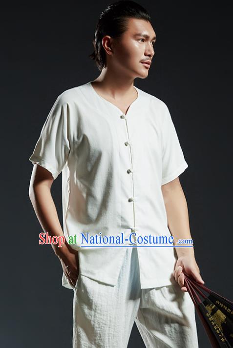 Chinese Kung Fu Martial Arts White Shirts Gongfu Costume Wushu Tai Chi Clothing for Men