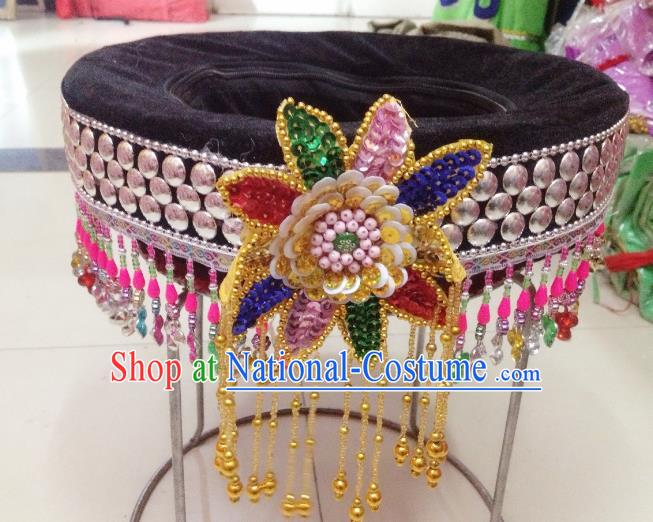 Traditional Chinese Yi Nationality Dance Hair Accessories Tassel Hats Hmong Ethnic Minority Headwear for Women