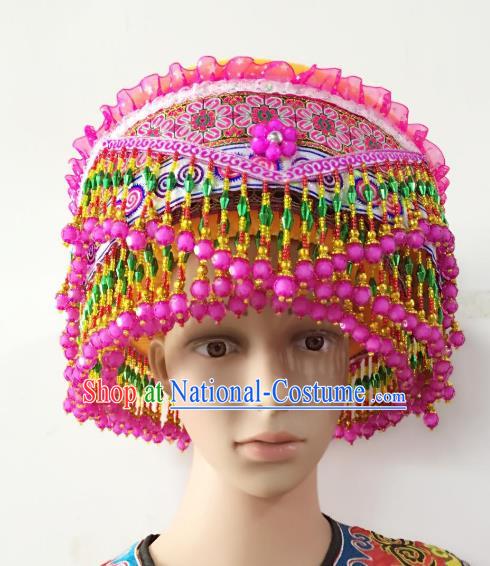 Traditional Chinese Yi Nationality Dance Hair Accessories Pink Beads Tassel Hats Hmong Ethnic Minority Headwear for Women