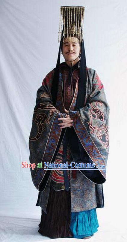 Ancient Chinese Han Dynasty First Emperor Liu Bang Replica Costume and Headpiece Complete Set for Men