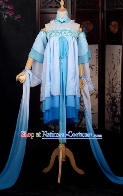 Chinese Ancient Young Lady Costume Cosplay Swordswoman Blue Dress Hanfu Clothing for Women