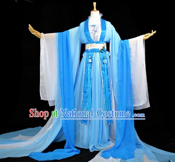 Chinese Ancient Fairy Princess Costume Cosplay Female Swordsman Blue Dress Hanfu Clothing for Women