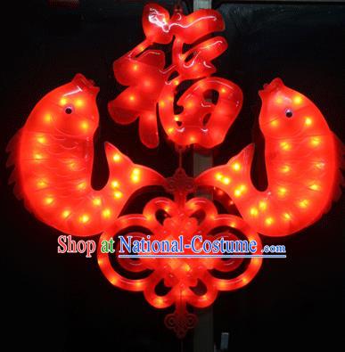 Traditional Handmade Chinese Character Fortune Lanterns Spring Festival Double Fishes Electric LED Lights Lamps Hanging Lamp Decoration