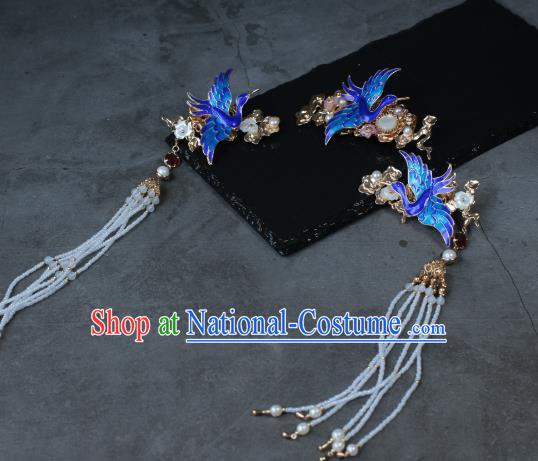 Traditional Chinese Ancient Tassel Blueing Phoenix Hair Stick Classical Hair Accessories Handmade Hairpins for Women