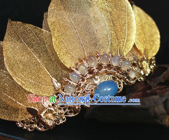 Traditional Chinese Ancient Blue Opal Lotus Coronet Classical Hair Accessories Handmade Hairpins for Women