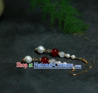 Traditional Chinese Ancient Handmade Hanfu Red Beads Pearls Earrings for Women