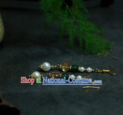 Traditional Chinese Ancient Handmade Hanfu Green Beads Pearls Earrings for Women