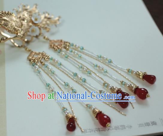 Traditional Chinese Ancient Red Beads Tassel Step Shake Classical Hair Accessories Handmade Hairpins for Women