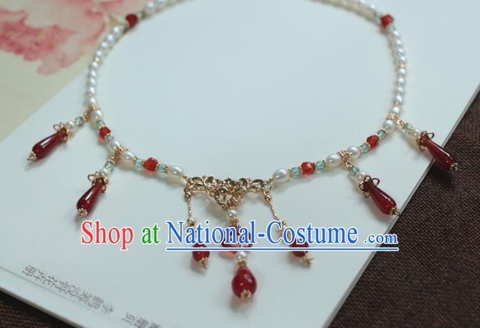 Traditional Chinese Ancient Handmade Hanfu Red Agate Necklace for Women