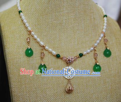 Traditional Chinese Ancient Handmade Pearls Necklet Hanfu Green Jade Necklace for Women