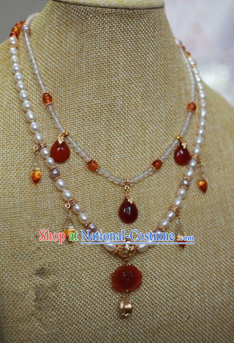 Traditional Chinese Ancient Handmade Pearls Necklet Hanfu Agate Lotus Necklace for Women