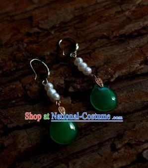 Traditional Chinese Ancient Handmade Pearls Earrings Hanfu Jade Eardrop for Women