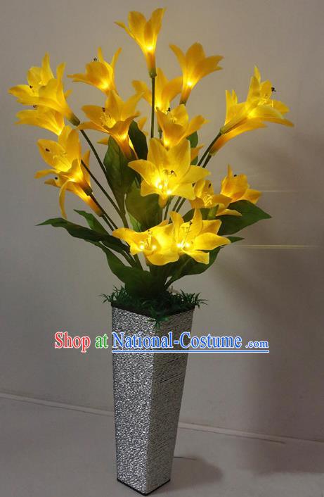 Traditional Handmade Chinese Yellow Lily Flowers Lanterns Electric LED Lights Lamps Desk Lamp Decoration