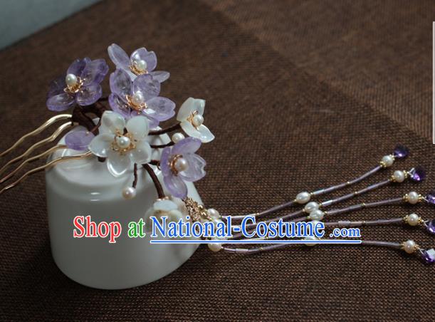 Traditional Chinese Ancient Hair Accessories Handmade Purple Flowers Tassel Hair Clip Hanfu Hairpins for Women