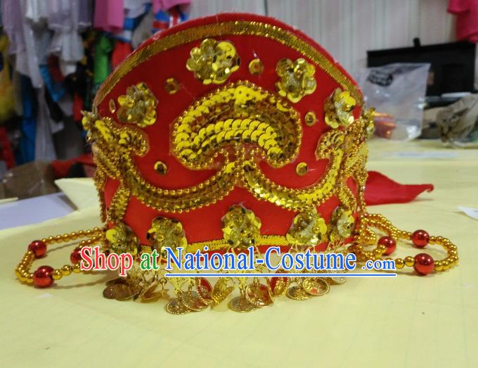 Chinese Classical Dance Mongols Nationality Hair Accessories Red Hats Traditional Folk Dance Headwear for Women