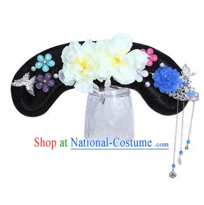 Chinese Ancient Manchu Princess Hair Accessories Wig and White Peony Hairpins Traditional Qing Dynasty Palace Lady Headwear for Kids