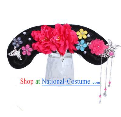 Chinese Ancient Manchu Princess Hair Accessories Wig and Red Peony Hairpins Traditional Qing Dynasty Palace Lady Headwear for Kids