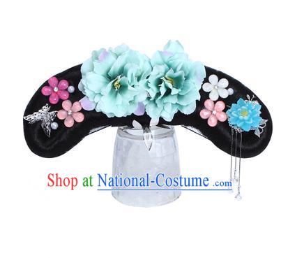 Chinese Ancient Manchu Princess Hair Accessories Wig and Green Peony Hairpins Traditional Qing Dynasty Palace Lady Headwear for Kids