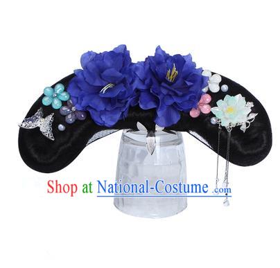 Chinese Ancient Manchu Princess Hair Accessories Wig and Royalblue Peony Hairpins Traditional Qing Dynasty Palace Lady Headwear for Kids