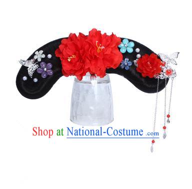 Chinese Ancient Manchu Princess Hair Accessories Wig and Red Peony Hairpins Traditional Qing Dynasty Palace Lady Headwear for Kids