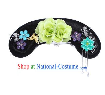 Chinese Ancient Manchu Princess Hair Accessories Wig and Green Peony Hairpins Traditional Qing Dynasty Palace Lady Headwear for Kids