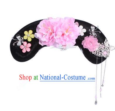 Chinese Ancient Manchu Princess Hair Accessories Wig and Pink Peony Hairpins Traditional Qing Dynasty Palace Lady Headwear for Kids