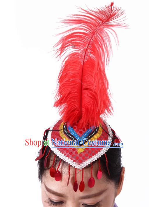 Chinese Traditional Folk Dance Hair Accessories Yangko Red Feather Hats Headwear for Women