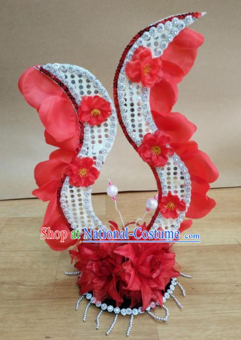 Chinese Classical Dance Hair Accessories Traditional Folk Dance Red Flowers Headwear for Women