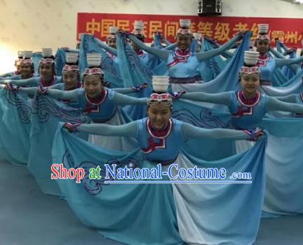 Traditional Chinese Classical Dance Costume, Mongolian Nationality Dance Blue Dress for Women