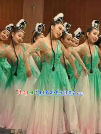 Traditional Chinese Classical Dance Green Dress Fan Dance Costume, Folk Dance Yangko Uniform for Women