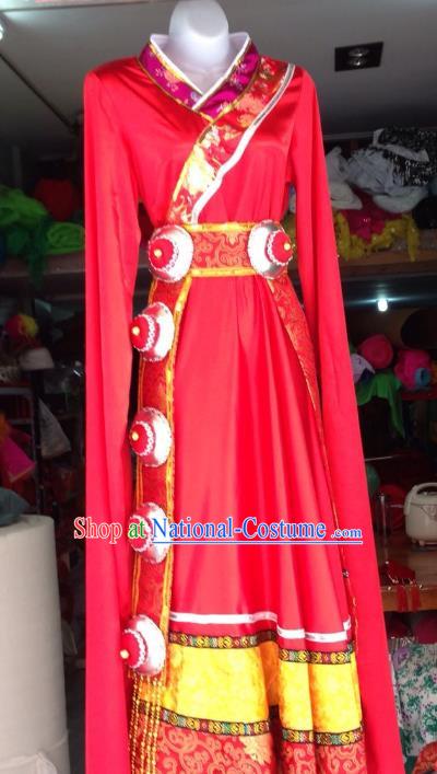 Traditional Chinese Zang Nationality Dance Costume, Folk Dance Tibetan Minority Red Dress for Women