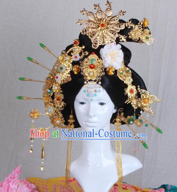 Chinese Ancient Hair Accessories Imperial Consort Wig and Phoenix Coronet Complete Set Traditional Palace Lady Headwear for Women