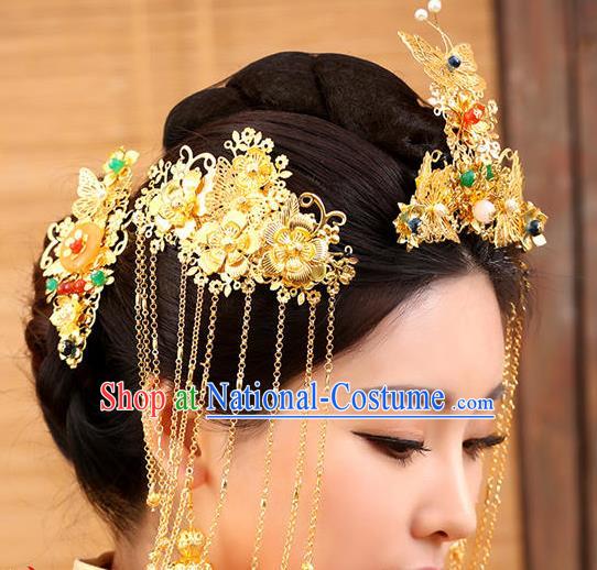 Chinese Ancient Hair Accessories Hanfu Golden Xiuhe Suit Hairpins Complete Set Traditional Palace Headwear for Women