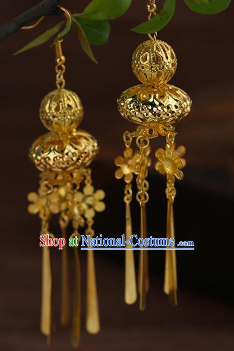 Chinese Traditional Classical Accessories Long Tassel Golden Calabash Earrings Headwear for Women