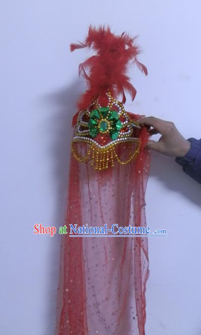 Chinese Traditional Folk Dance Hair Accessories Uyghur Nationality Dance Headwear Red Feather Hats for Women