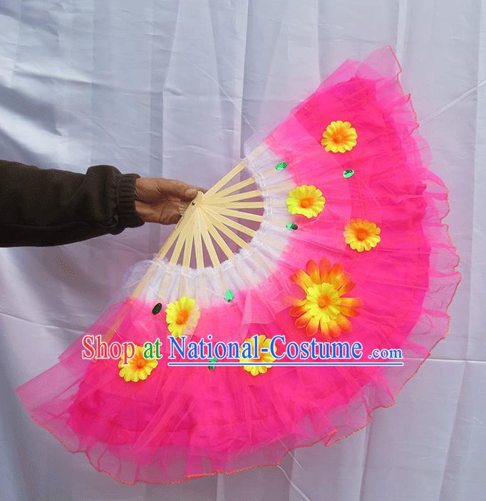 Chinese Traditional Folk Dance Folding Fans Classical Yangko Dance Pink Silk Fans for Women