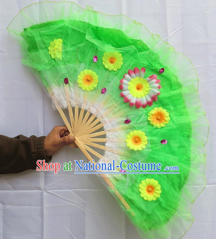 Chinese Traditional Folk Dance Folding Fans Classical Yangko Dance Green Silk Fans for Women