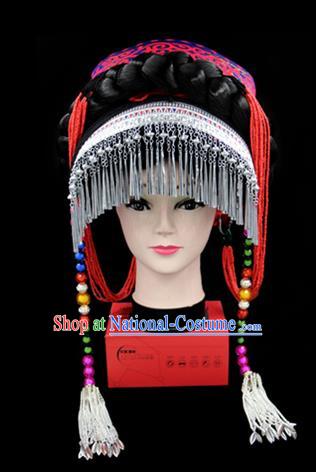 Chinese Traditional Yi Nationality Hair Accessories Yi Ethnic Minority Tassel Rosy Hats Headwear for Women