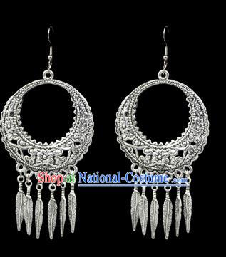 Chinese Traditional Yi Nationality Accessories Sliver Earrings, Hmong Female Folk Dance Ethnic Eardrop for Women