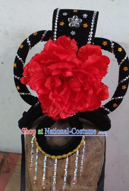 Chinese Traditional Beijing Opera Hair Accessories Classical Dance Red Peony Headwear for Women