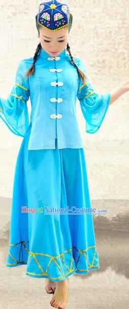 Traditional Chinese Salar Nationality Dance Costume, China Ethnic Minority Embroidery Blue Dress Clothing and Headdress for Women