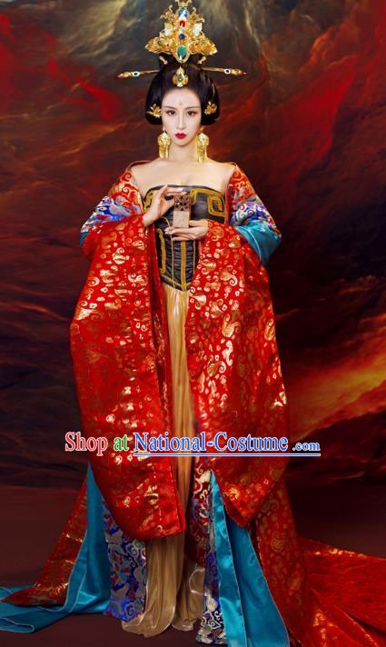 Chinese Ancient Imperial Empress Hanfu Dress Tang Dynasty Queen Embroidered Replica Costume and Headpiece for Women