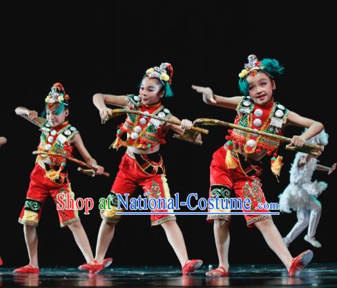 Traditional Chinese Minority Folk Dance Costume, Children Classical Dance Ethnic Dress Clothing for Kids