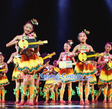 Traditional Chinese Dong Minority Folk Dance Costume, Children Yanko Dance Dress Clothing for Kids